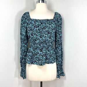SO Baby Doll Top Large Blue Floral Crop Long Sleeves Fairy Goth Milkmaid Boho